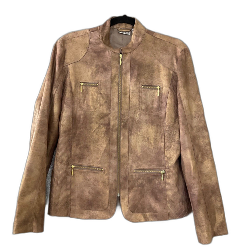 Chico's Jacket women’s Size 1/M Brown Metallic faux leather Full Zip Pockets
